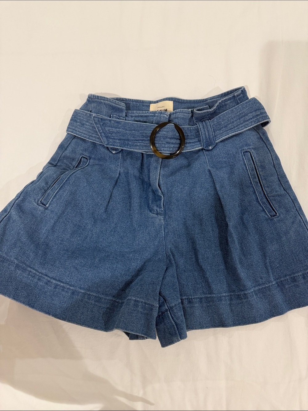 Sezane Blue Paperbag Waist Belted Shorts